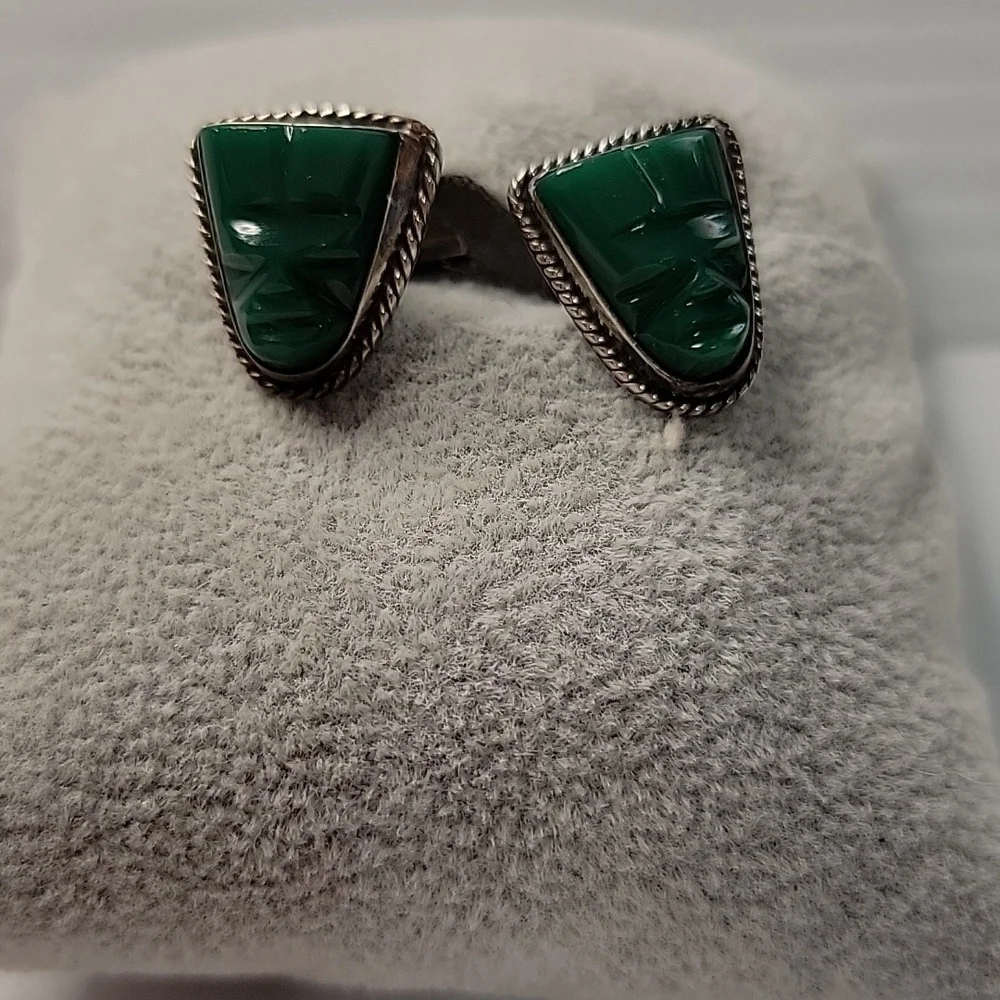 Mayan Warrior cufflinks Green carved Mexico 925 stamped vintage